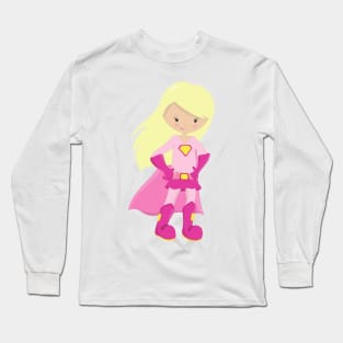 Superhero Girl, Blonde Hair, Cute Girl, Pink Cape Long Sleeve T-Shirt